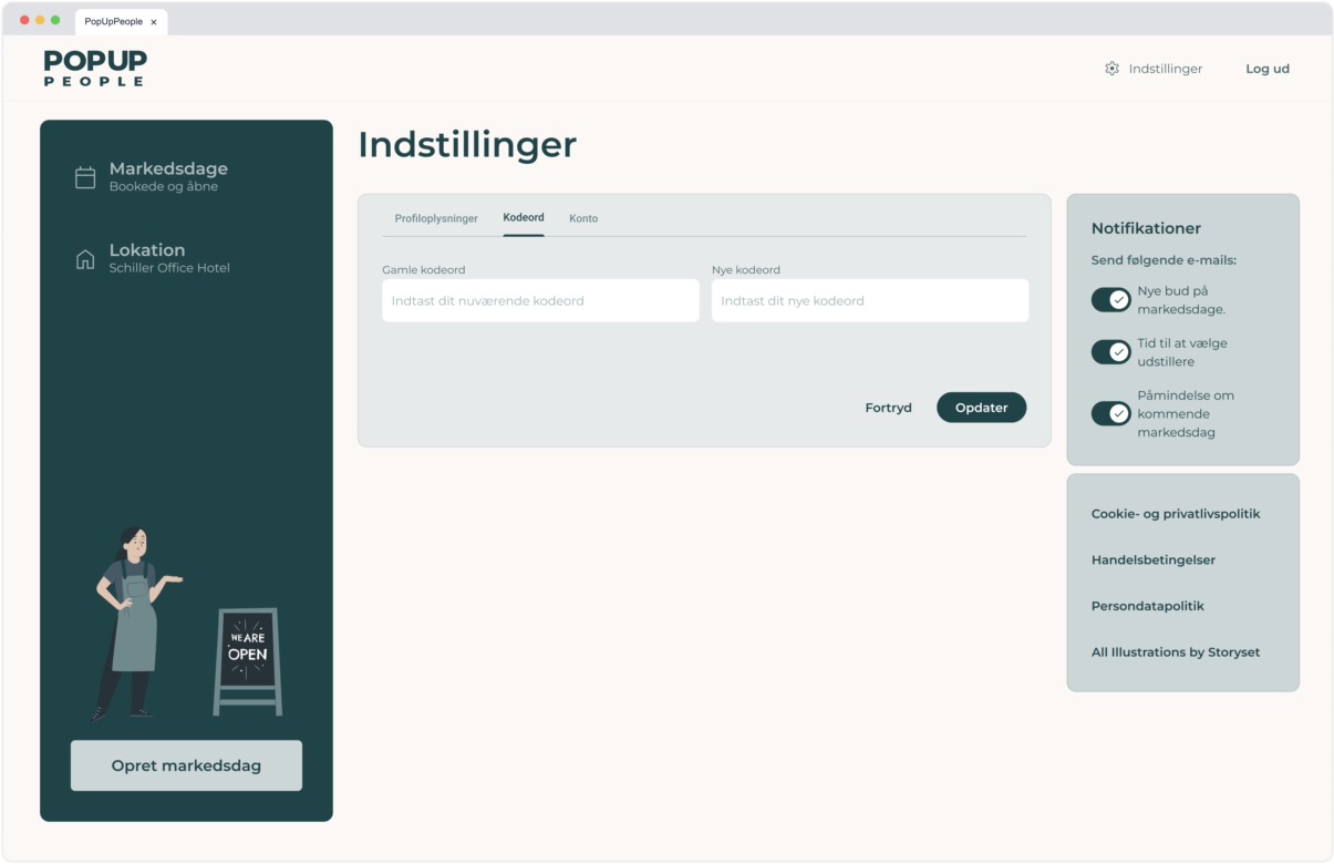 Location settings page password tab with inputs for existing and new password, update action, and sidebar notification toggles.
